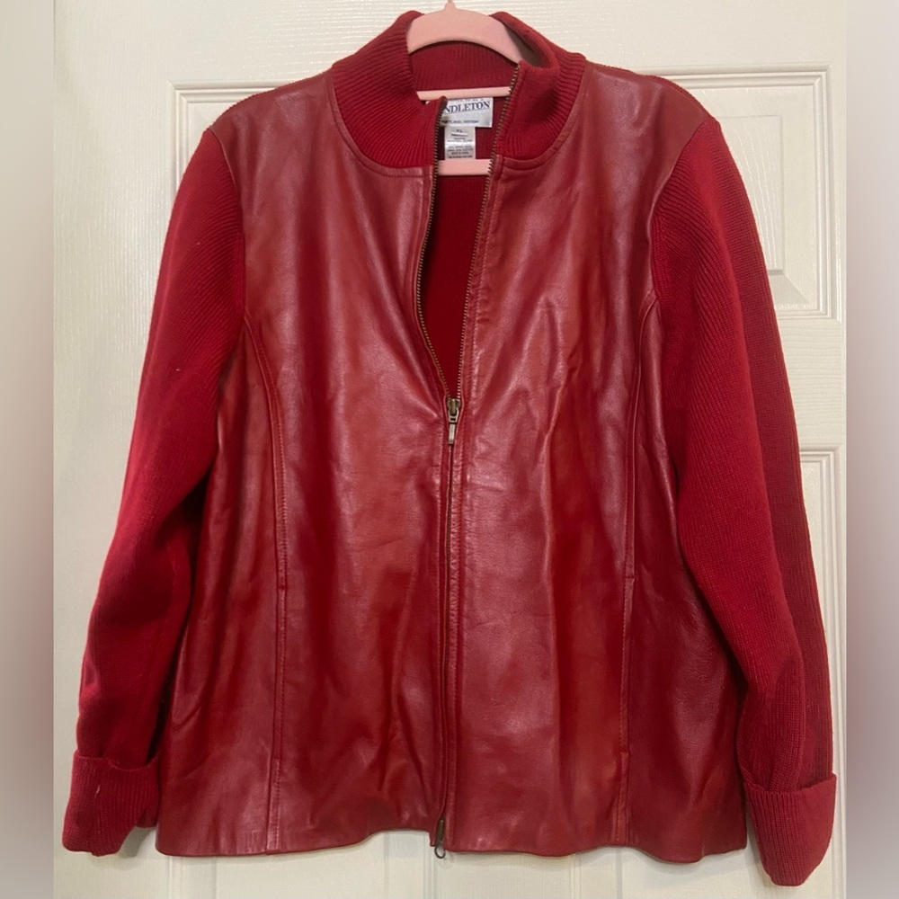 Pendleton Womens Leather Wool Jacket Red Full Zip Approx Sz XL